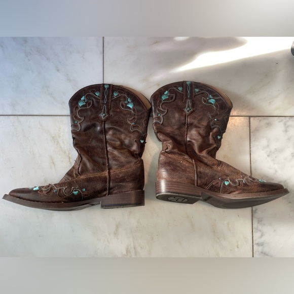 Roper, kids 3, brown leather with blue accents square toe cowboy western boot - Picture 2 of 8